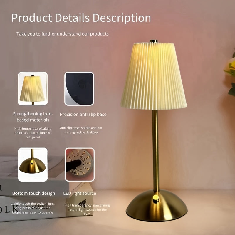 Lampe de table sans fil plissée sur dôme doré, tactile, 6 coloris