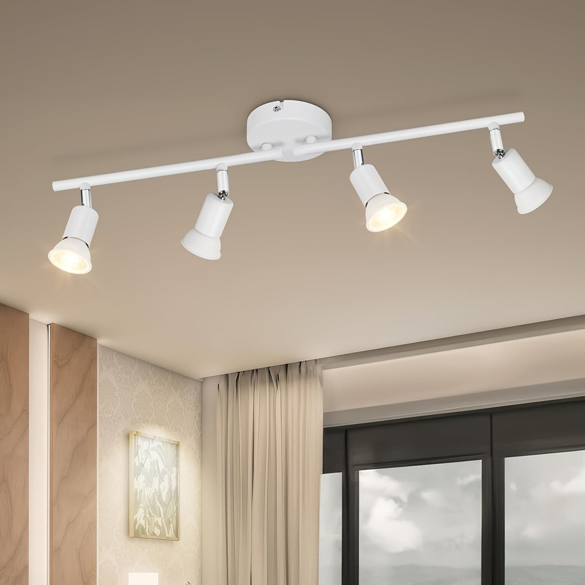 Spot de plafond blanc 4 têtes orientables sur barre de 62 cm, GU10