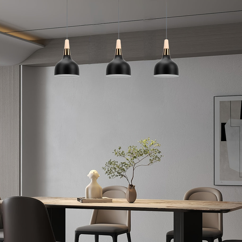 Suspension cloche noire mate à col effet bois et anneau doré, Ø 15 cm