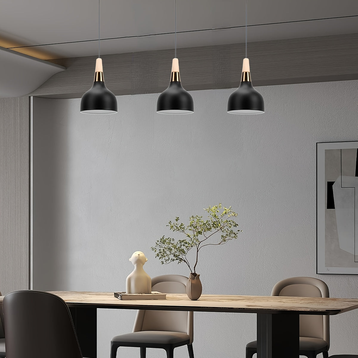 Suspension cloche noire mate à col effet bois et anneau doré, Ø 15 cm