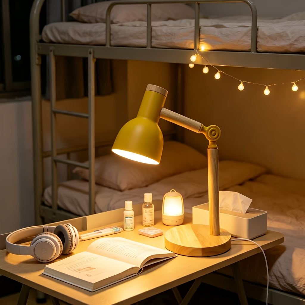 Lampe de chevet articulée jaune moutarde et bois, alimentation USB