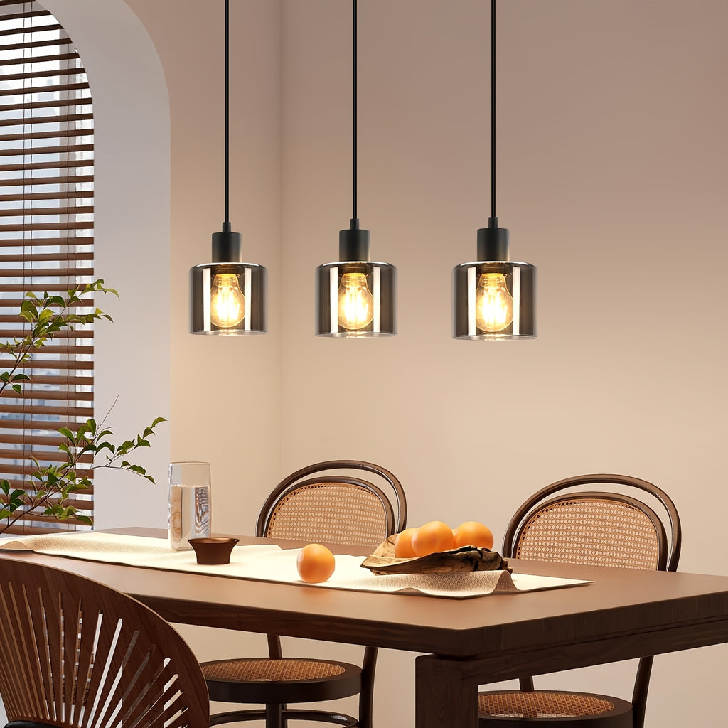 Suspension 3 lumières en verre fumé gris sur barre de 68 cm