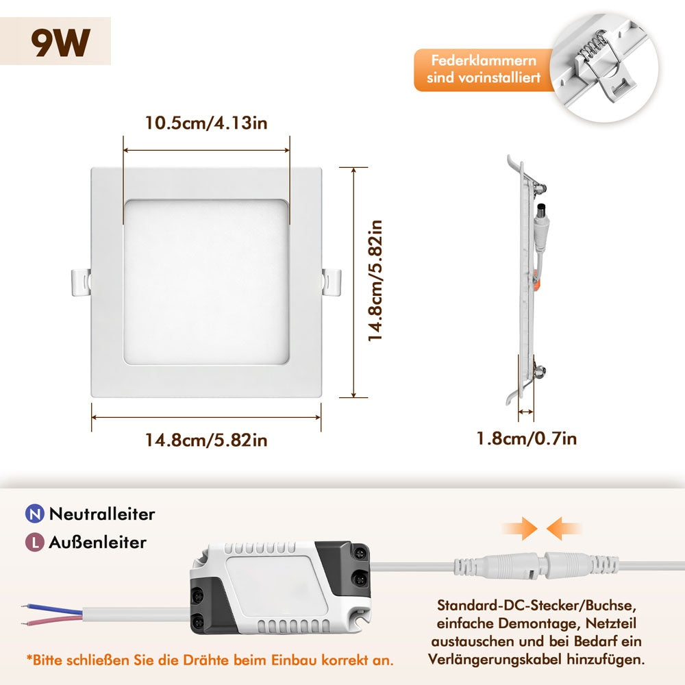 Lot de 6 spots LED carrés encastrés 9W pour salon et chambre