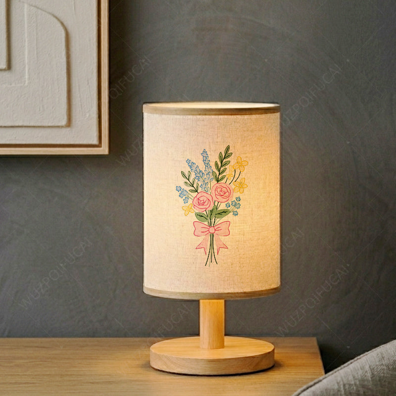 Lampe de chevet USB à bouquet de roses et nœud rose, tissu crème