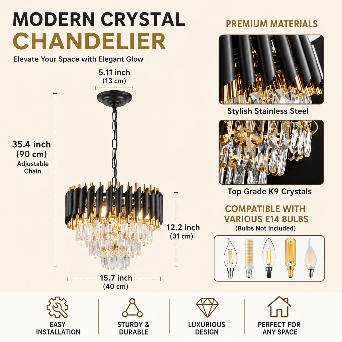 Lustre à lamelles noires et dorées sur cascade de cristal, Ø 40 cm