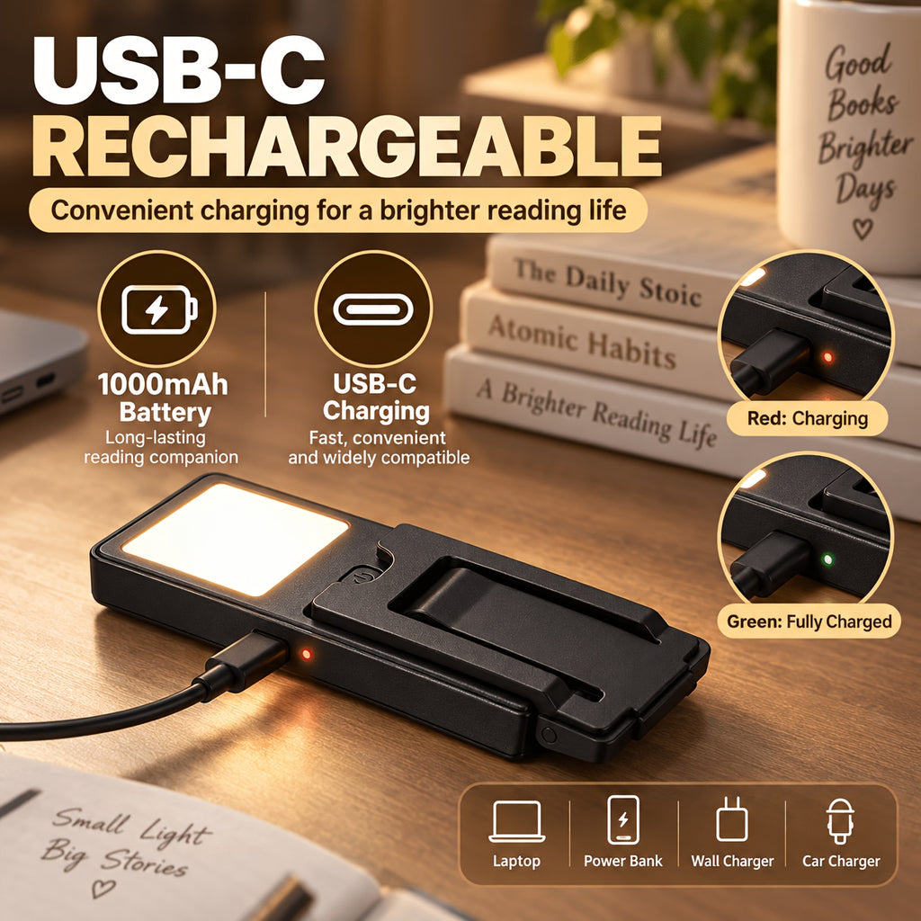 Lampe de lecture plate à pince, rechargeable USB-C, noire ou blanche