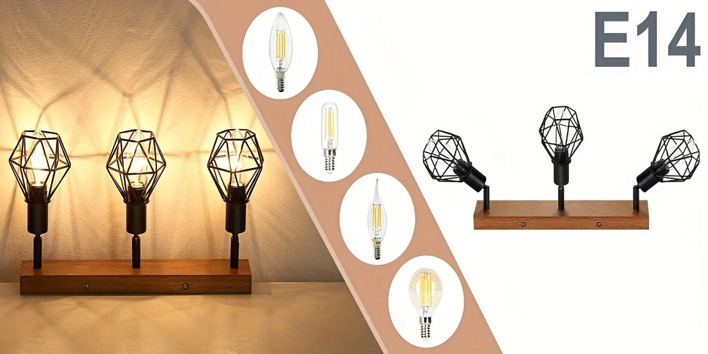 Plafonnier cages géométriques noires sur socle effet bois, 2 ou 4 E14
