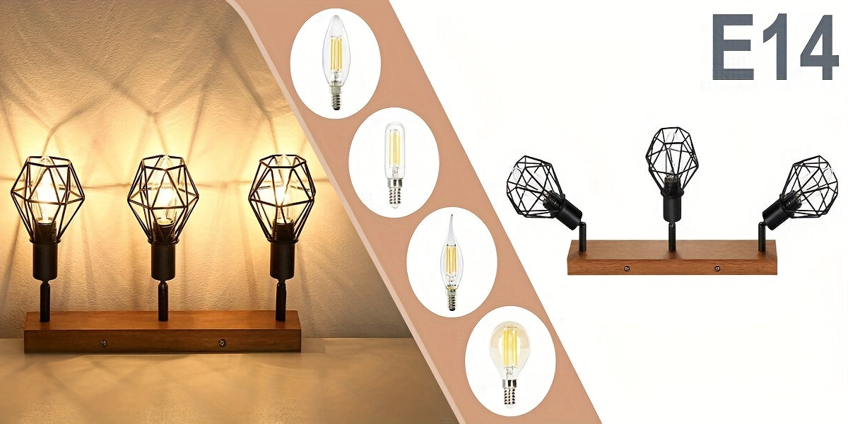 Plafonnier cages géométriques noires sur socle effet bois, 2 ou 4 E14