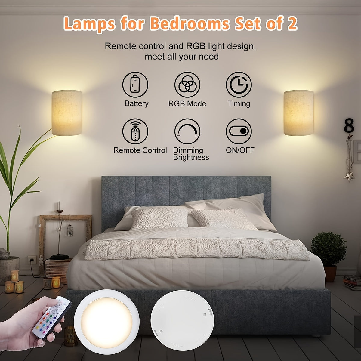 Applique murale demi-cylindre en tissu, lot de 2 à piles et RVB