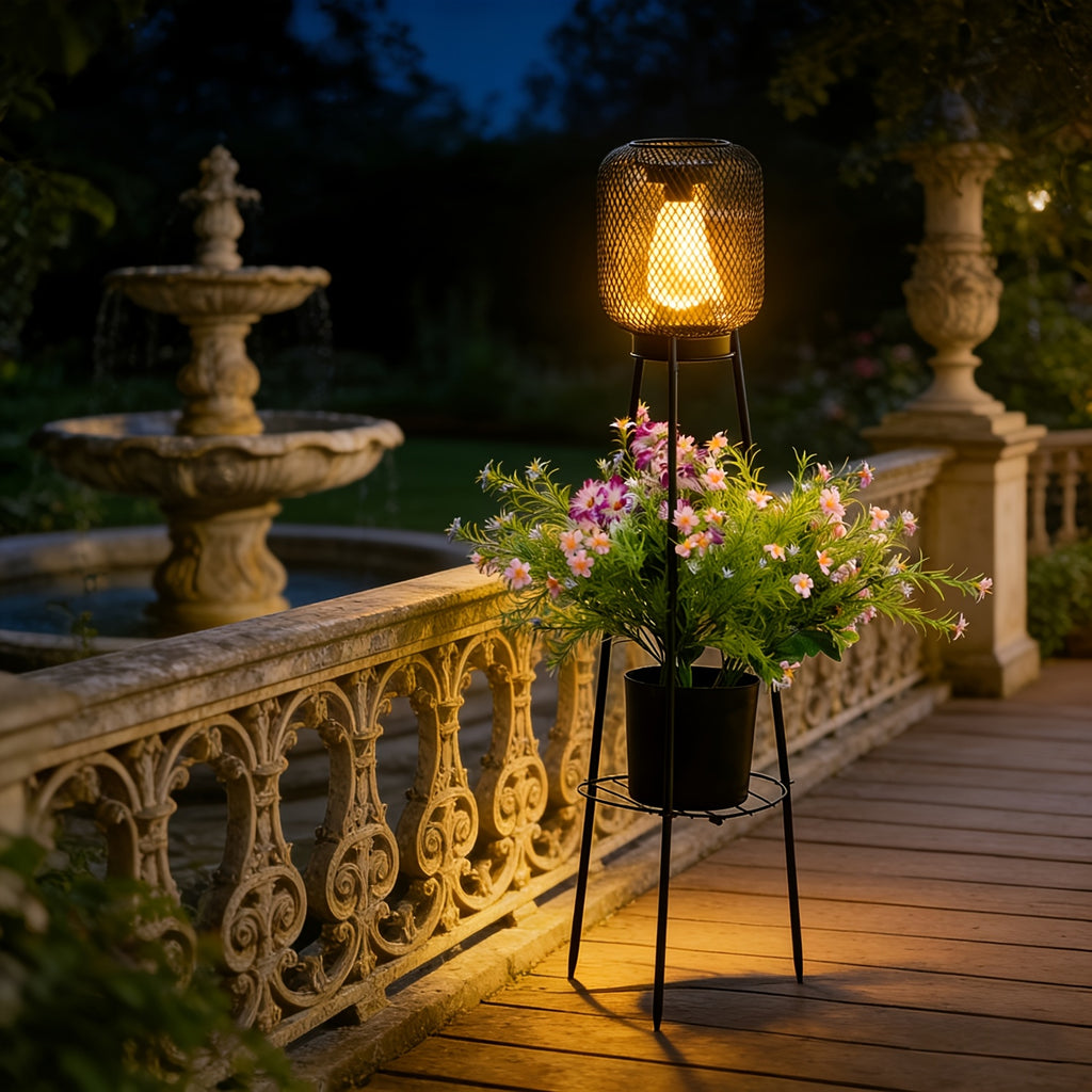 Lampadaire solaire trépied à lanterne grillagée et support de pot