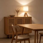 Lampe de chevet trépied en bois et abat-jour tissu, ampoule fournie