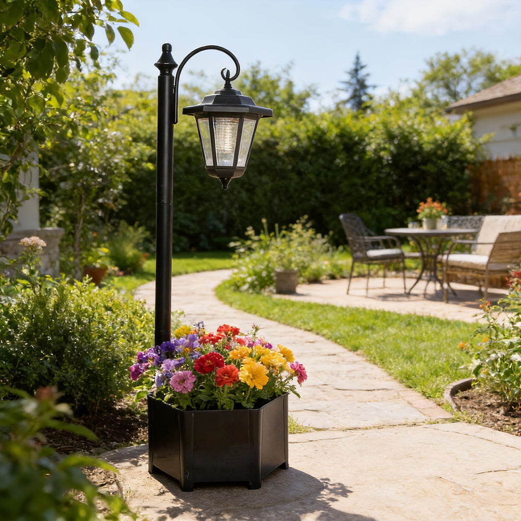 Lampadaire solaire 85 cm à jardinière hexagonale et lanterne suspendue