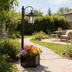 Lampadaire solaire 85 cm à jardinière hexagonale et lanterne suspendue