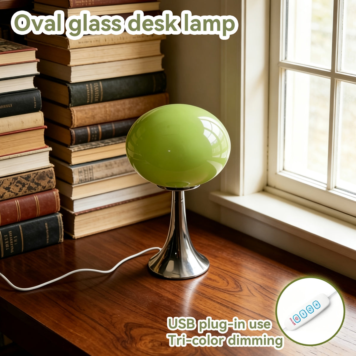 Lampe champignon en verre ovale sur pied chromé, USB, 3 teintes