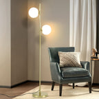 Lampadaire à deux sphères opalines sur tige dorée pour entrée, 166 cm