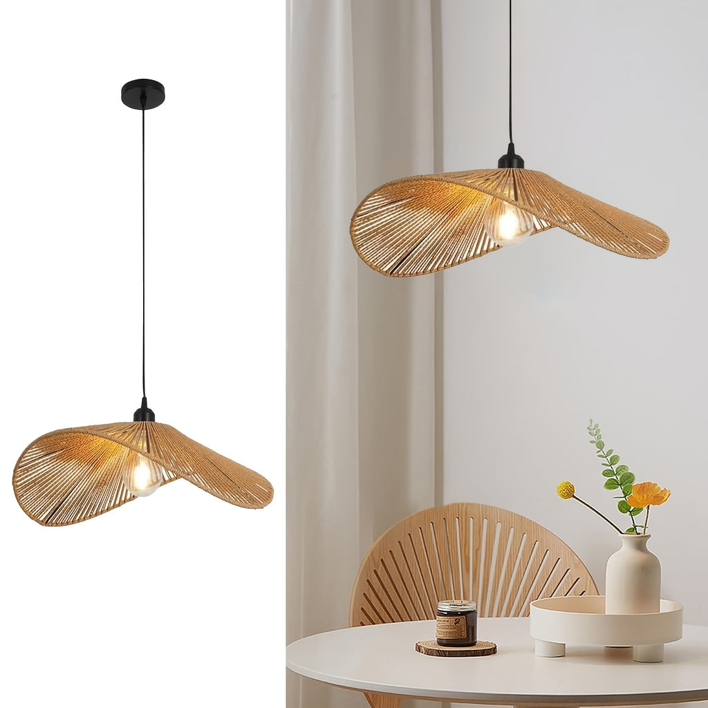 Suspension chapeau en rotin tressé ondulé, Ø 50 cm, style wabi-sabi