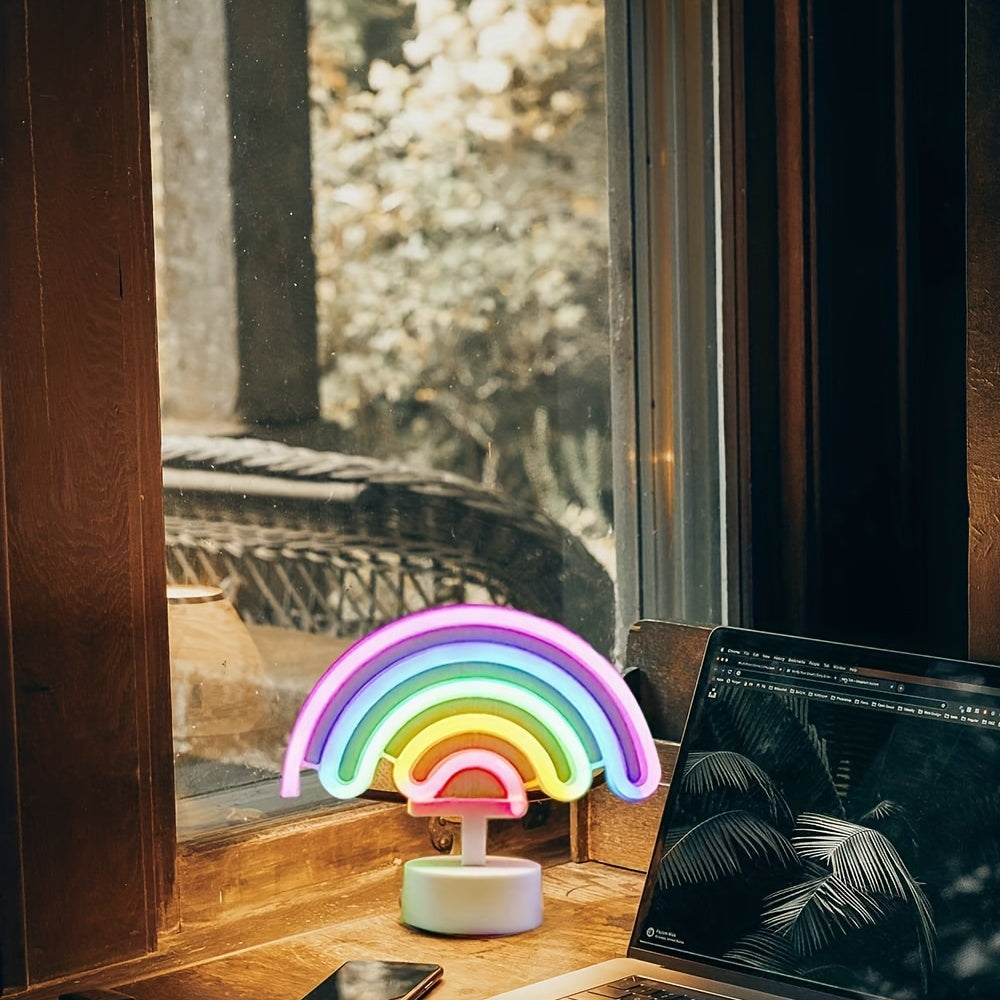 Néon LED arc-en-ciel sur socle, à piles ou USB, 23 x 19 cm