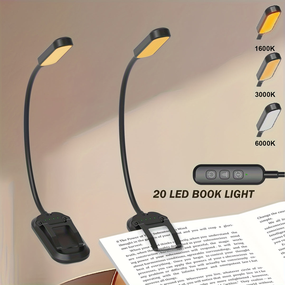 Liseuse légère à 20 LED et lumière ambrée
