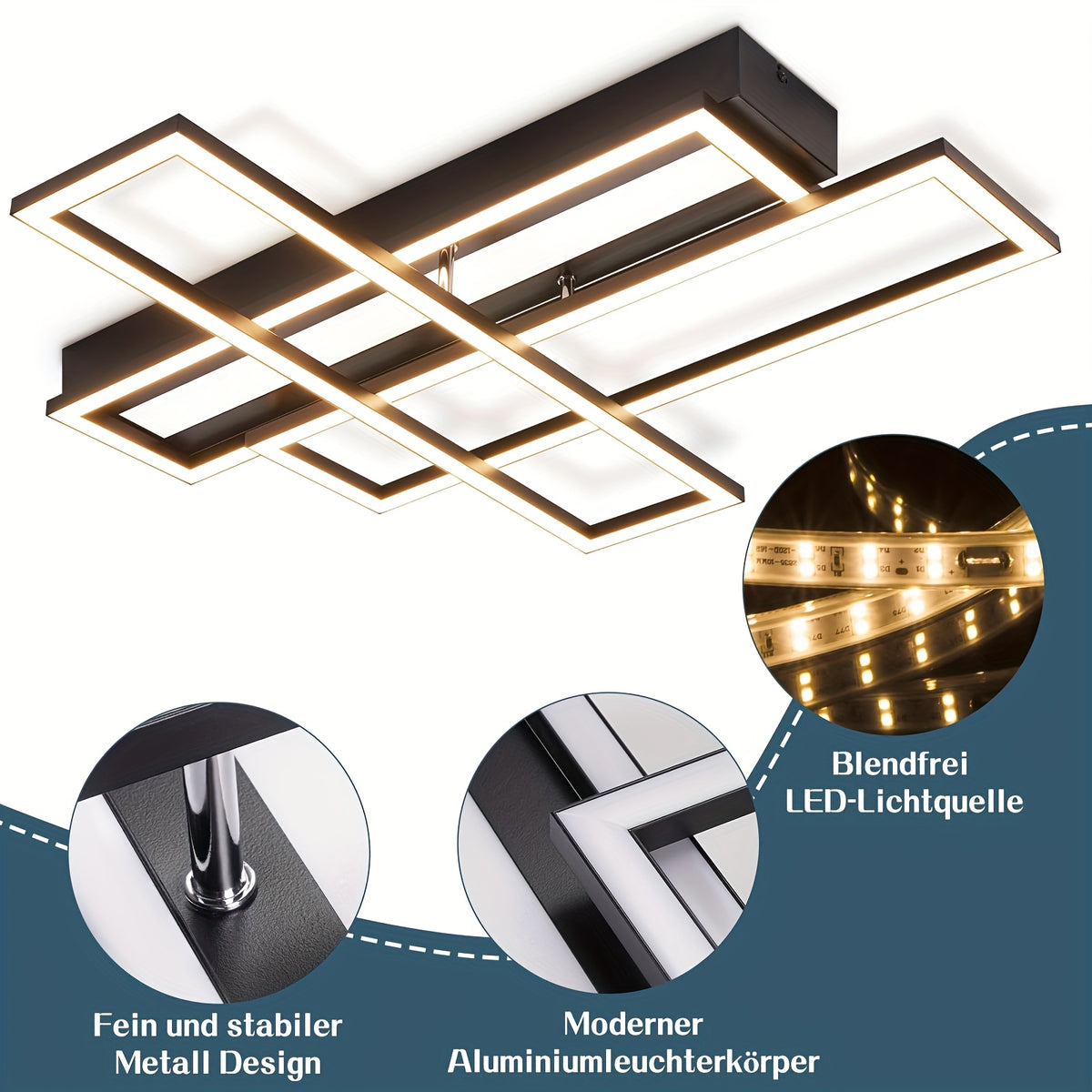 Plafonnier LED à trois cadres rectangulaires noirs, 66 cm, 54 W