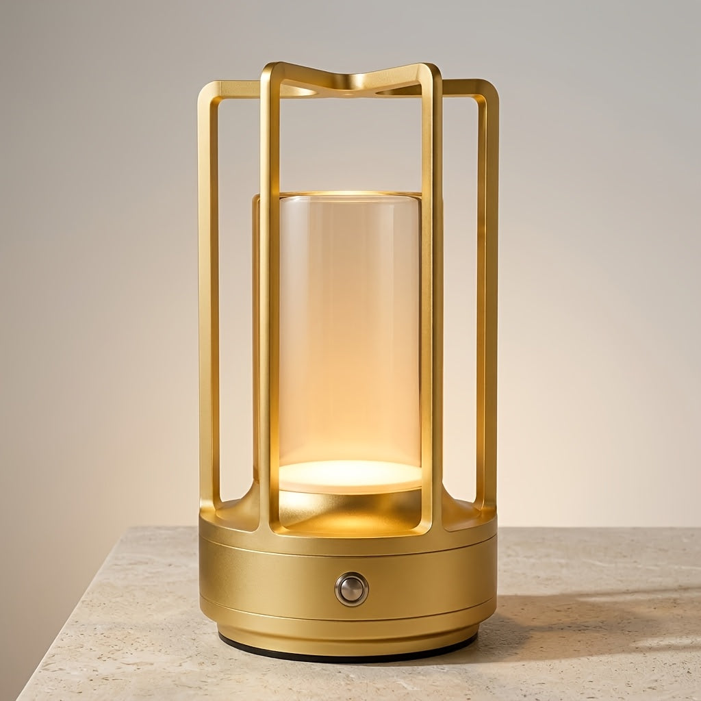 Lampe de table sans fil façon lanterne, cylindre cristal et métal