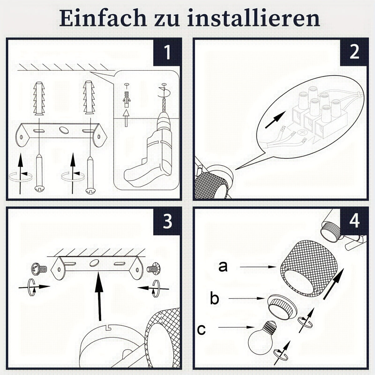 Plafonnier noir à spots grillagés E27, 3 ou 4 lumières, 50 à 64 cm