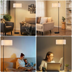 Lampadaire noir à grand abat-jour tambour en lin naturel, 154 cm