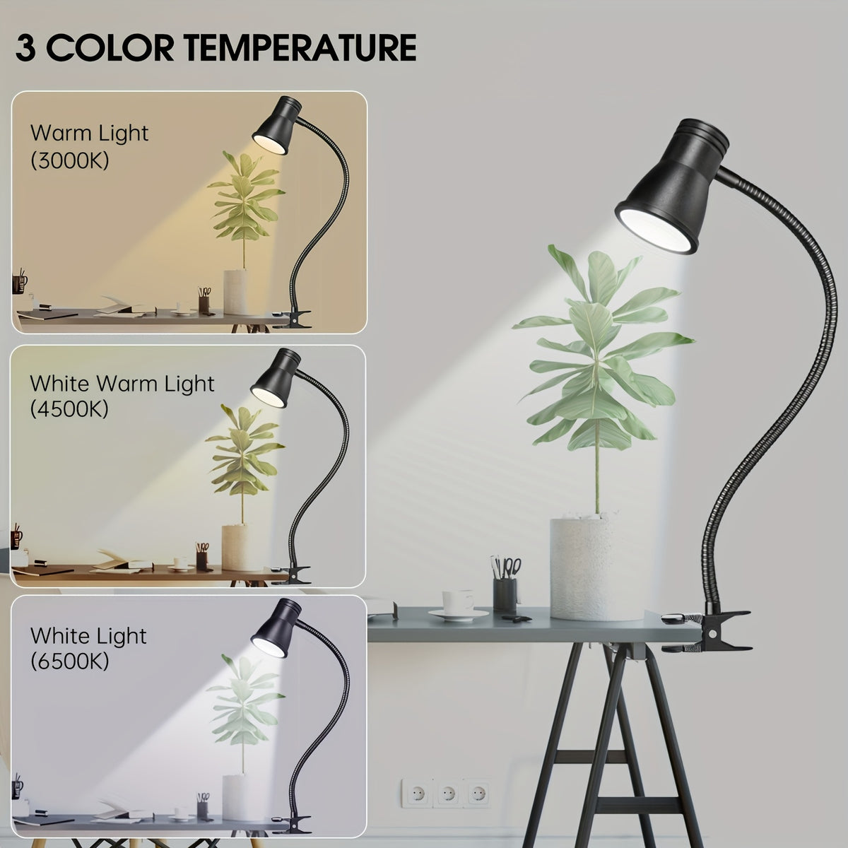 Lampe à pince noire à col de cygne de 40 cm, couture et lecture