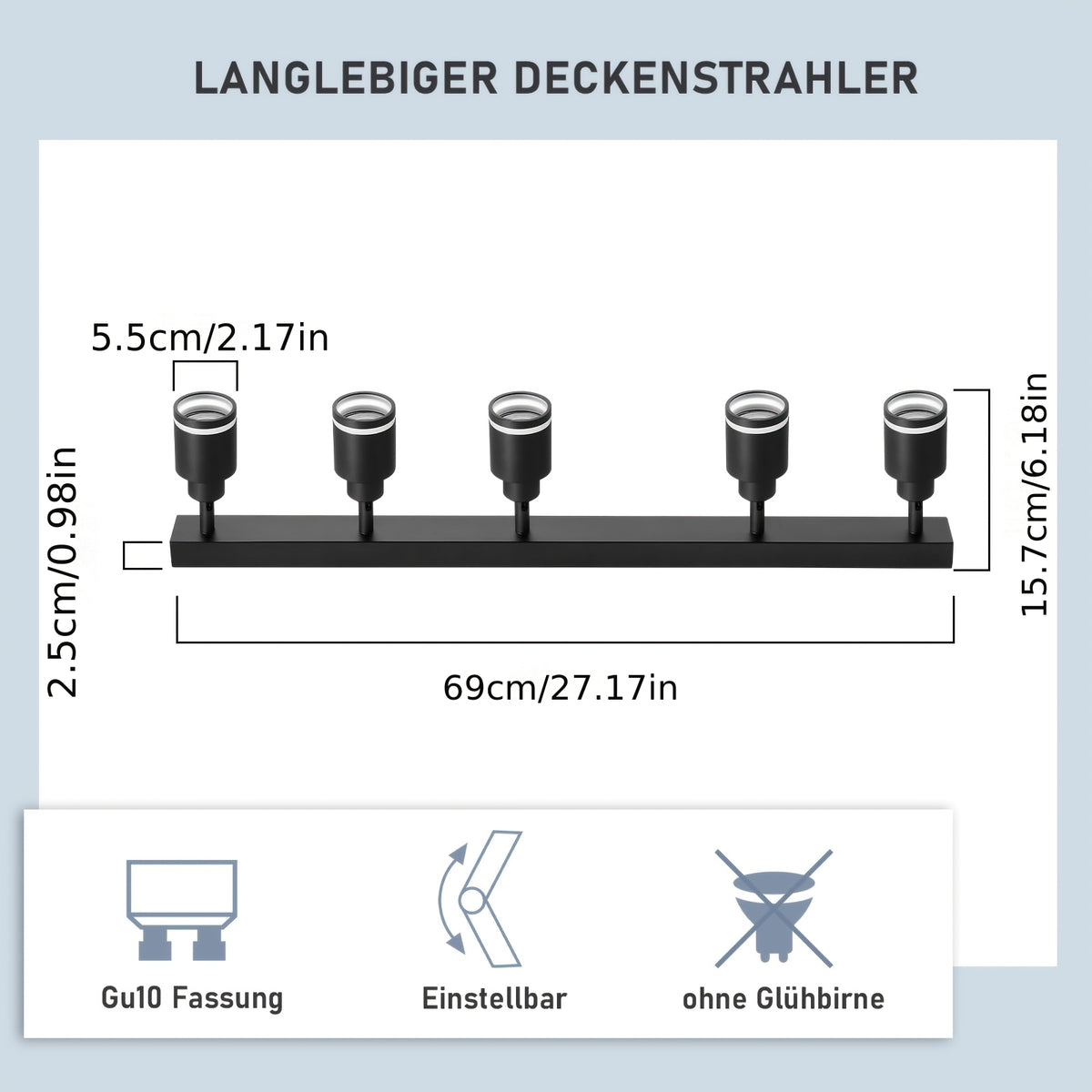 Spot de plafond 5 têtes orientables GU10, barre en métal noir