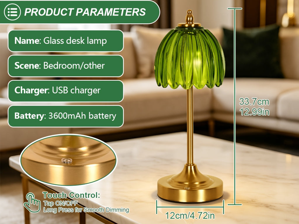 Lampe de chevet sans fil en verre nervuré vert ou orange, pied doré
