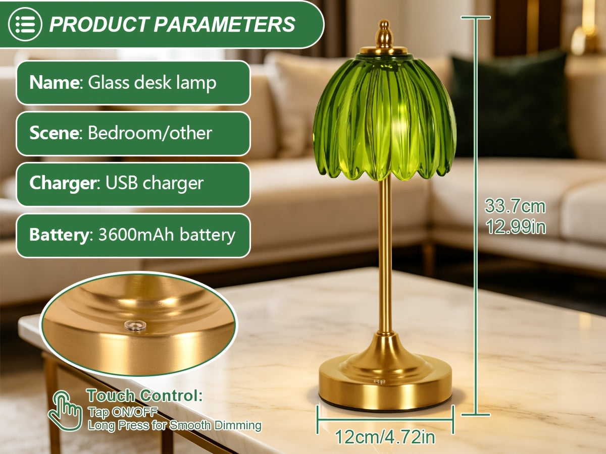 Lampe de chevet sans fil en verre nervuré vert ou orange, pied doré