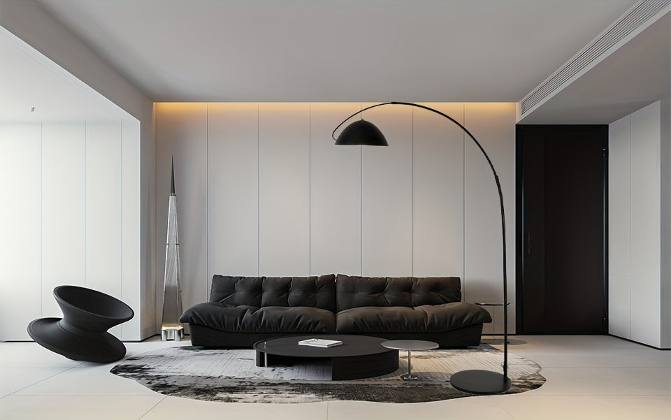Lampadaire arc noir mat, dôme métal Ø 30 cm et portée réglable