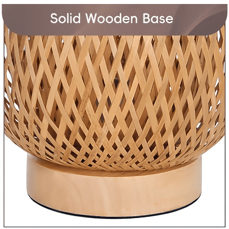 Lampe de chevet en bambou tressé, forme d'œuf sur socle en bois