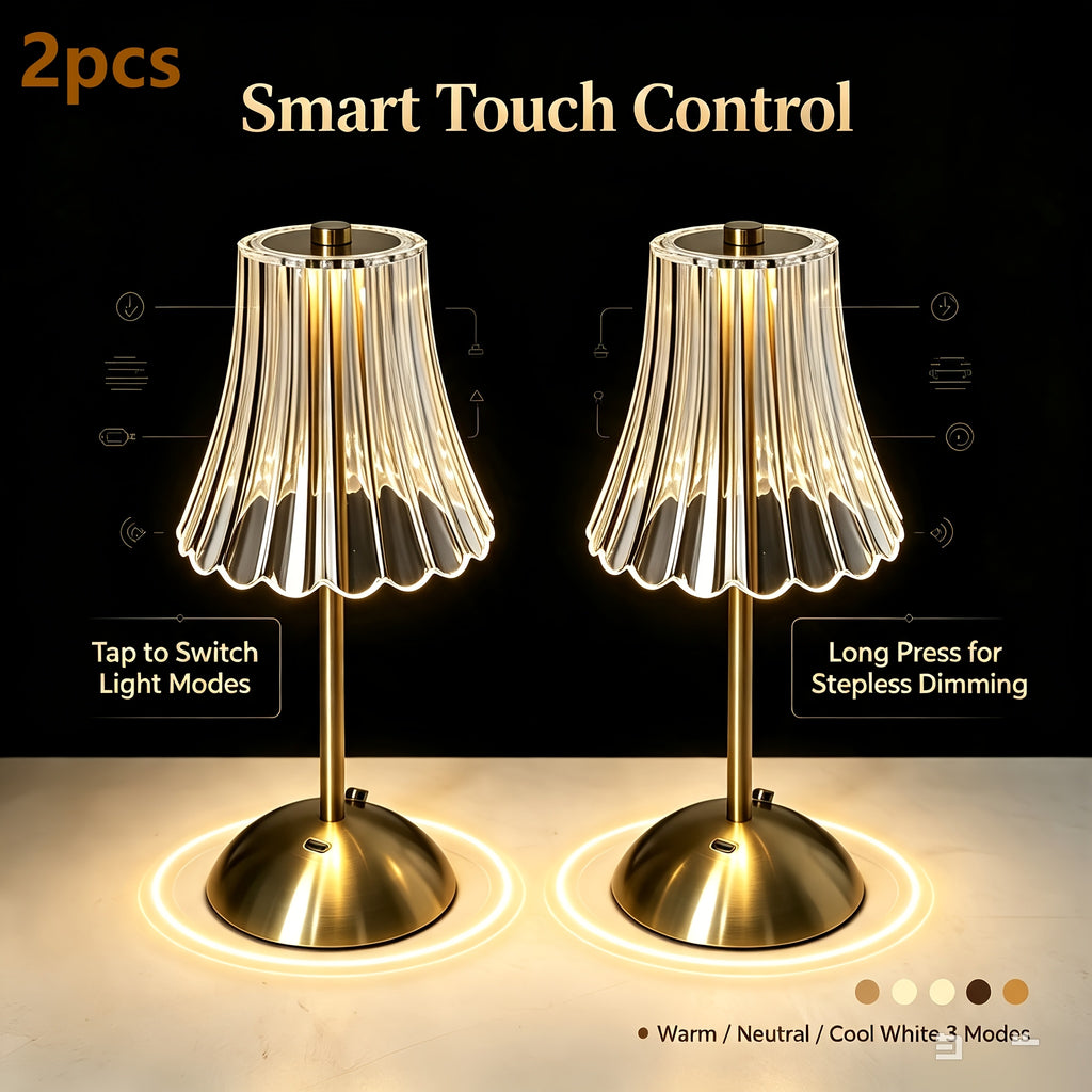 Lot de 2 lampes sans fil dorées à abat-jour plissé, mémoire tactile