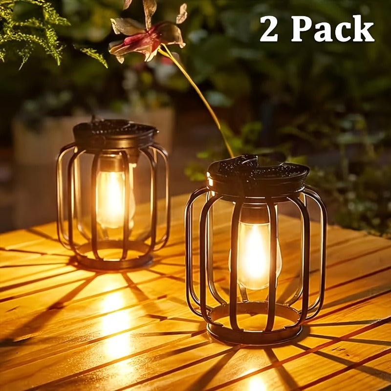 Lot de 2 lanternes solaires cage noire à ampoule filament, IP65