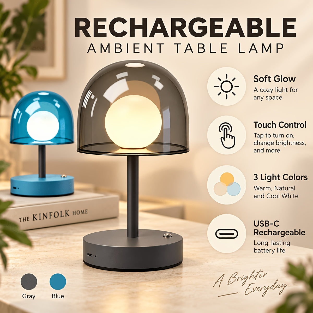 Lampe champignon sans fil à dôme gris ou bleu, 3000 à 6500K