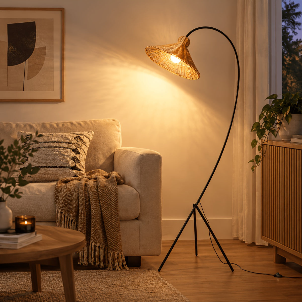 Lampadaire arc en rotin, abat-jour conique sur trépied noir