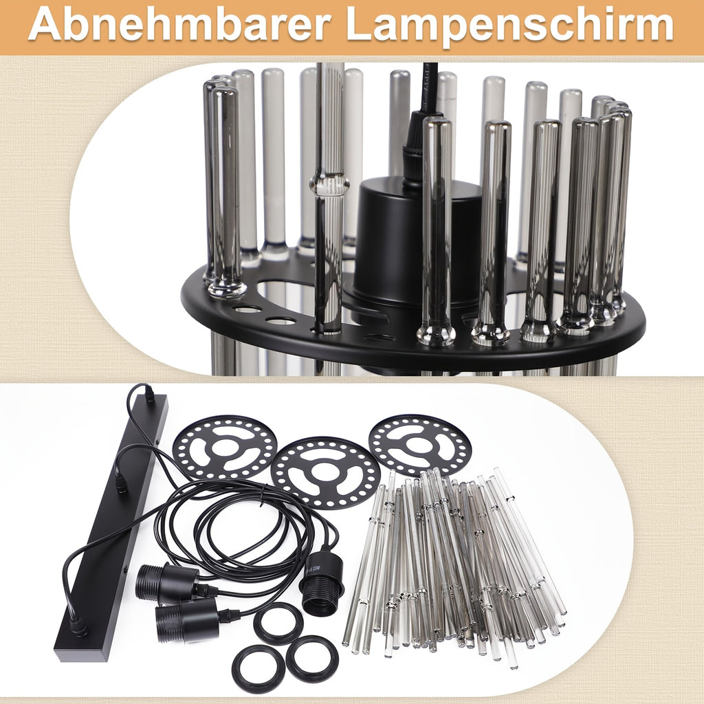 Suspension 3 lampes à baguettes de verre fumé, rosace ou barre
