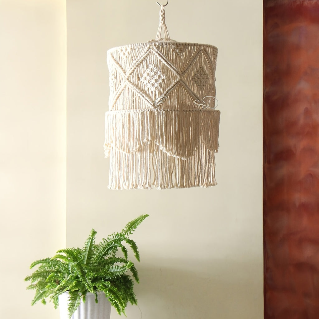 Abat-jour en macramé à franges, motif losanges ou feuillage, Ø 30 cm