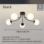 Plafonnier 5 globes en verre opalin, bras doré ou noir, 78 cm
