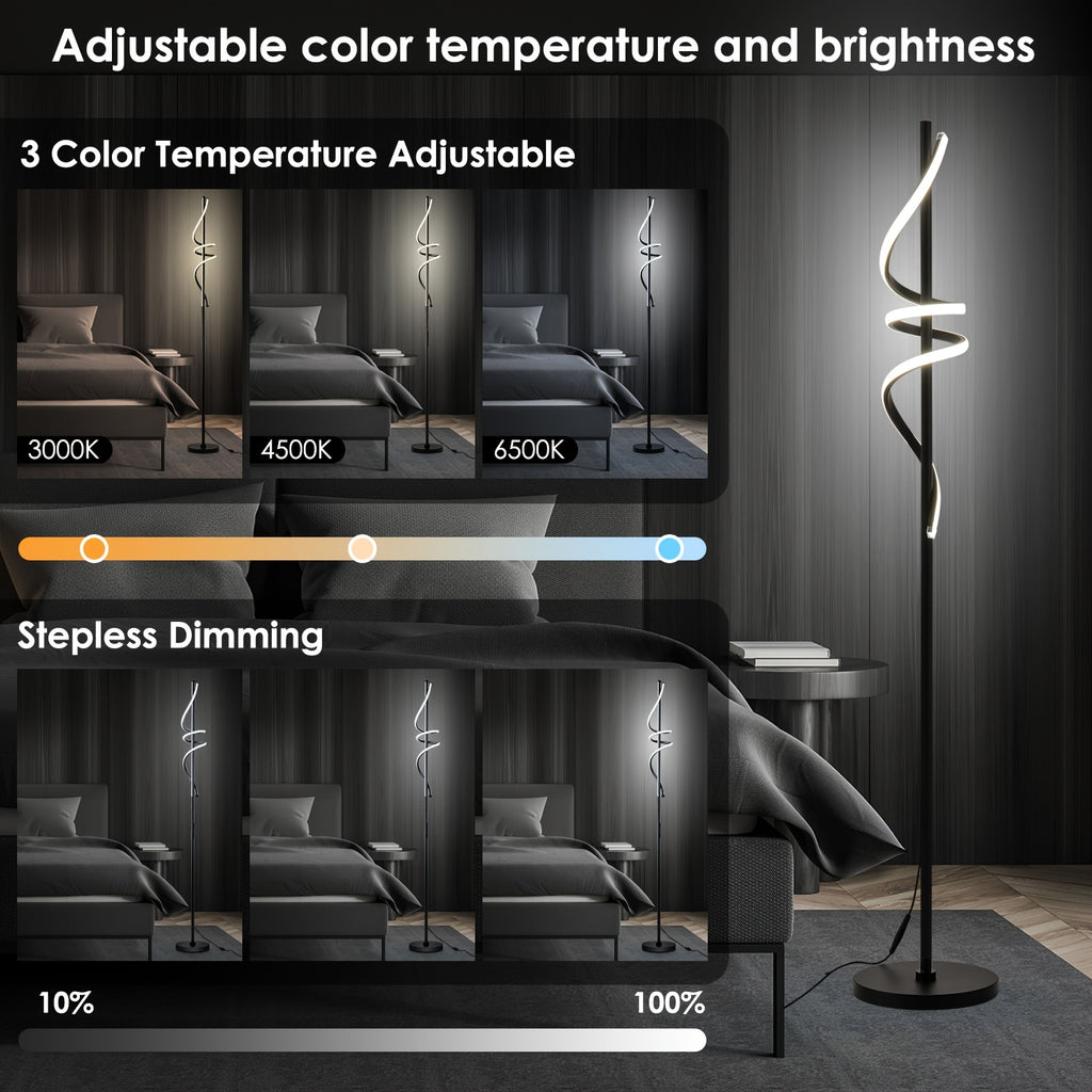 Lampadaire spirale LED noir de 175 cm, télécommande et minuterie
