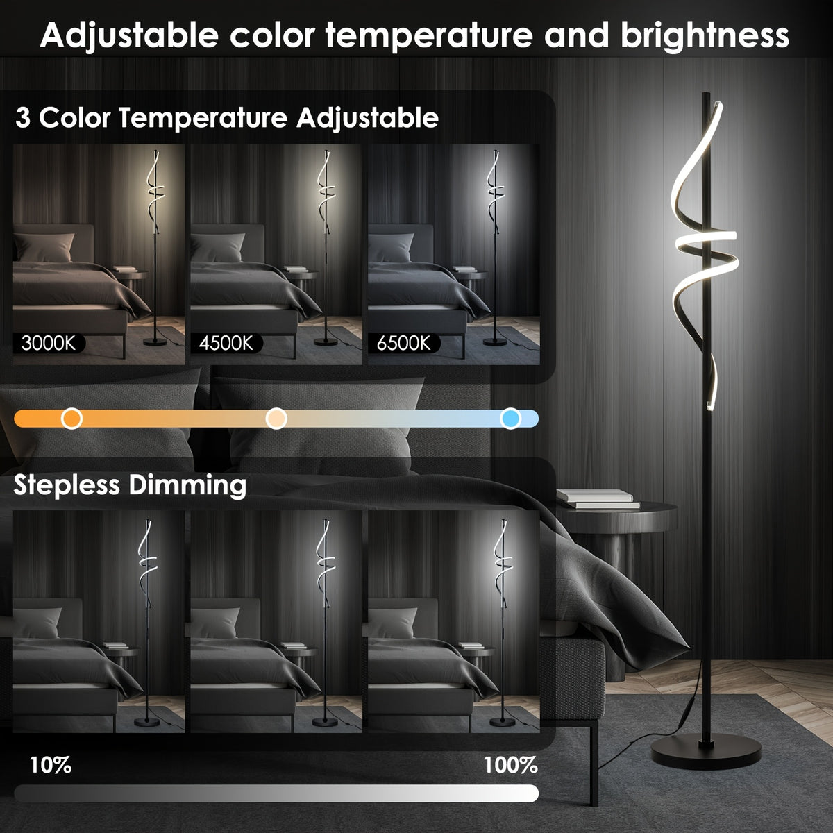 Lampadaire spirale LED noir de 175 cm, télécommande et minuterie