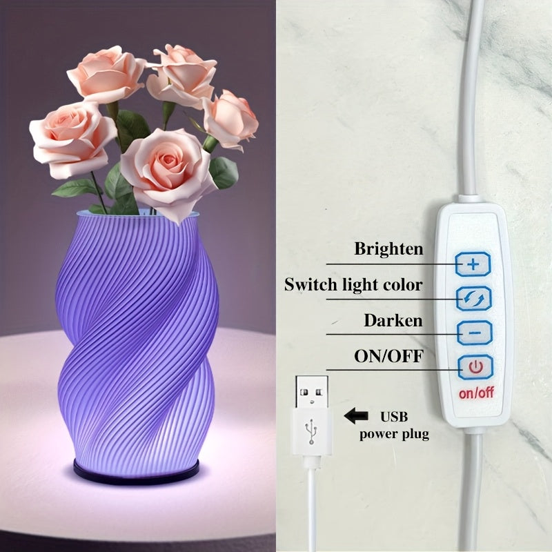 Lampe vase imprimée en 3D à spirale, vert ou lilas, USB, 19 cm