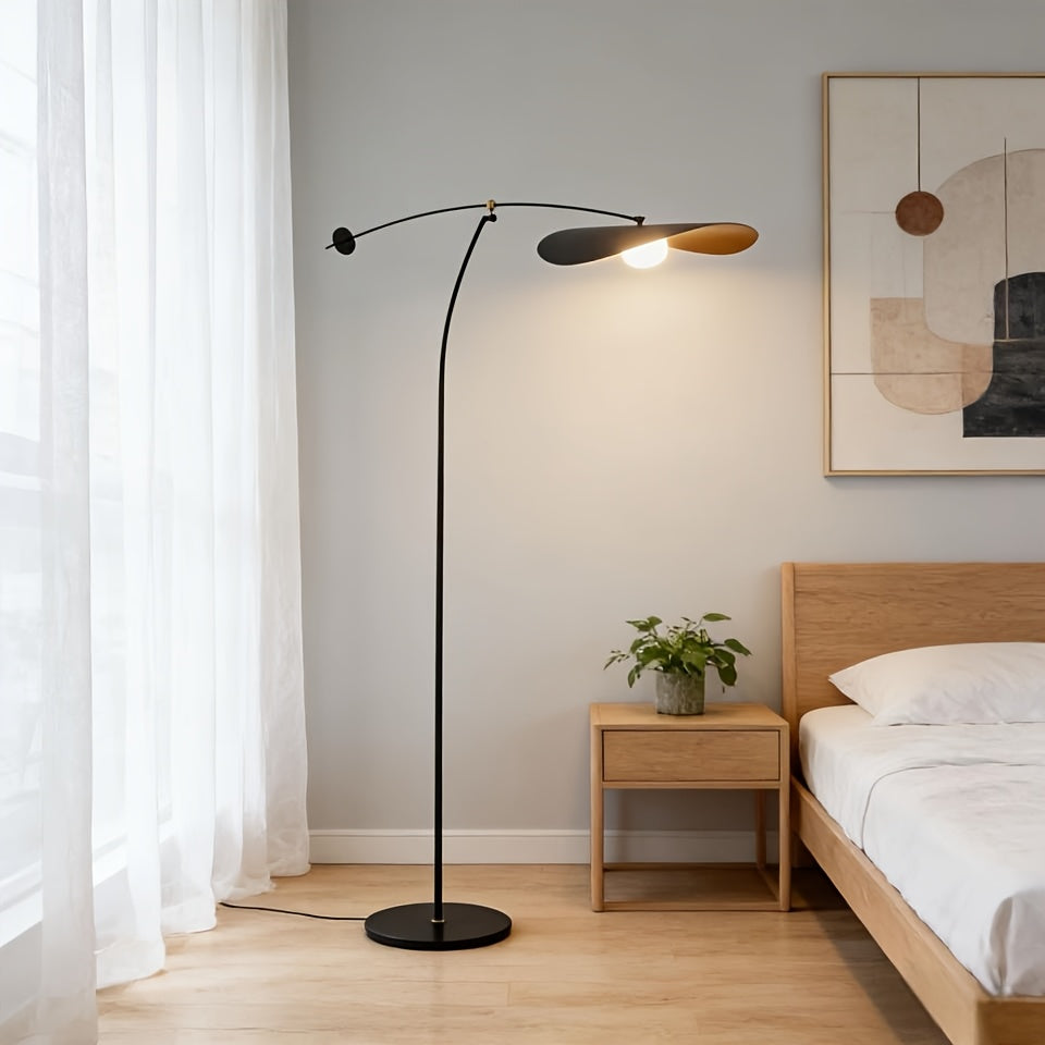 Lampadaire arc noir à abat-jour ondulé en forme de chapeau, 183 cm