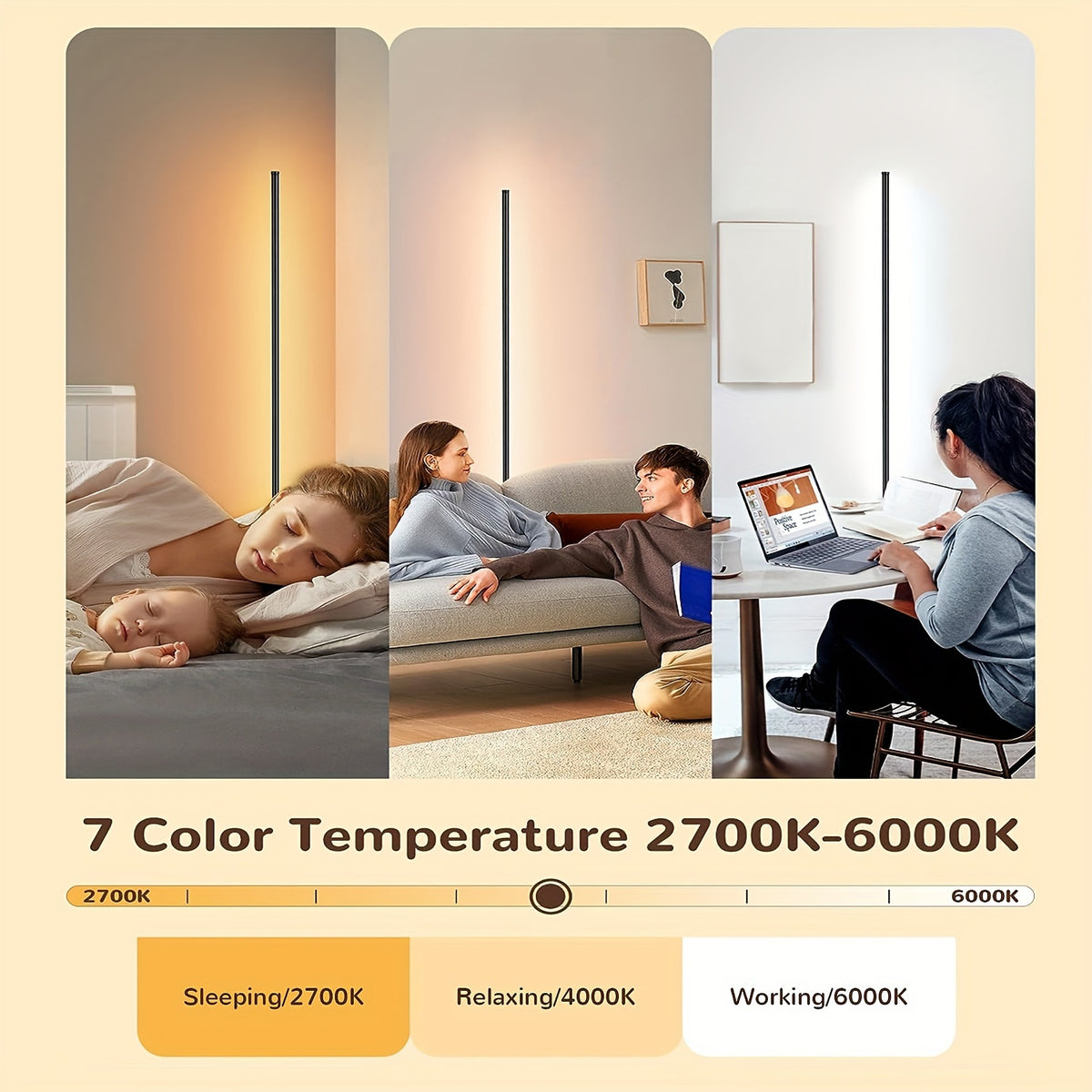 Lampadaire d'angle LED 140 cm, blancs 2700 à 6000 K et couleurs