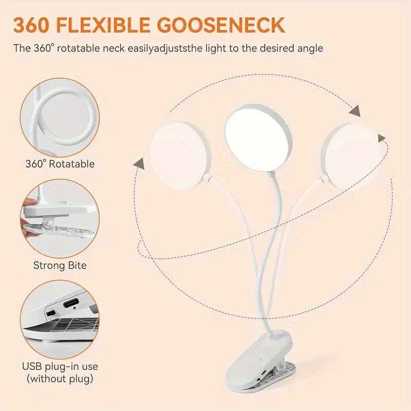 Lampe de bureau à pince rechargeable, tête ronde, col de 38,5 cm
