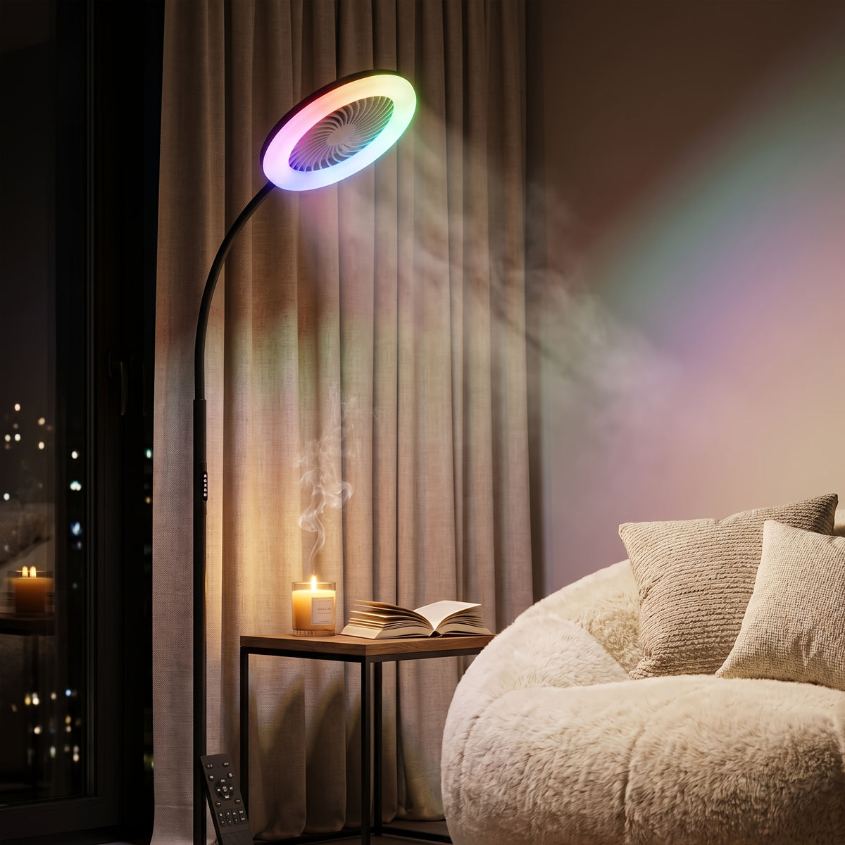 Lampadaire à ventilateur et lumière LED RVB sur col de cygne, 185 cm