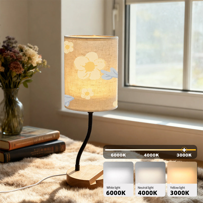 Lampe de chevet à fleurs jaunes, col flexible et socle porte-téléphone