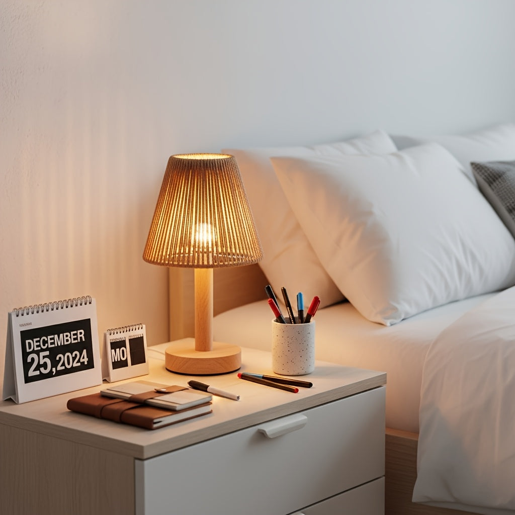 Lampe de chevet en bois et abat-jour conique en corde tressée, 25 cm