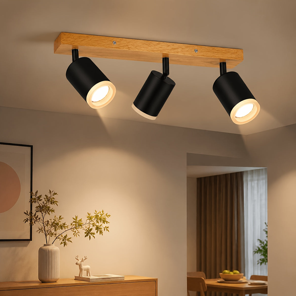 Spots noirs sur barre en bois clair pour plafond