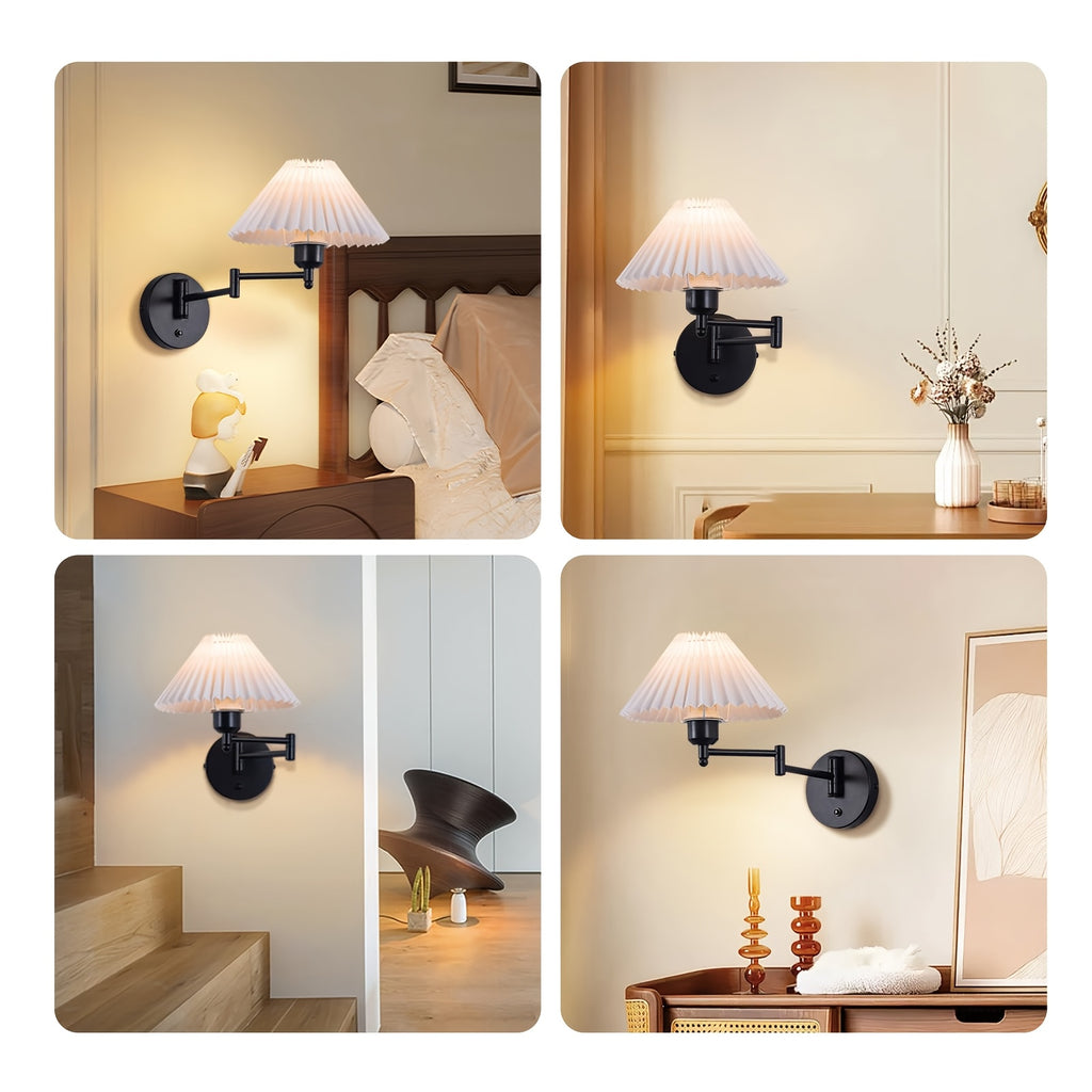 Lot de 2 appliques murales noires à bras pivotant et abat-jour plissé